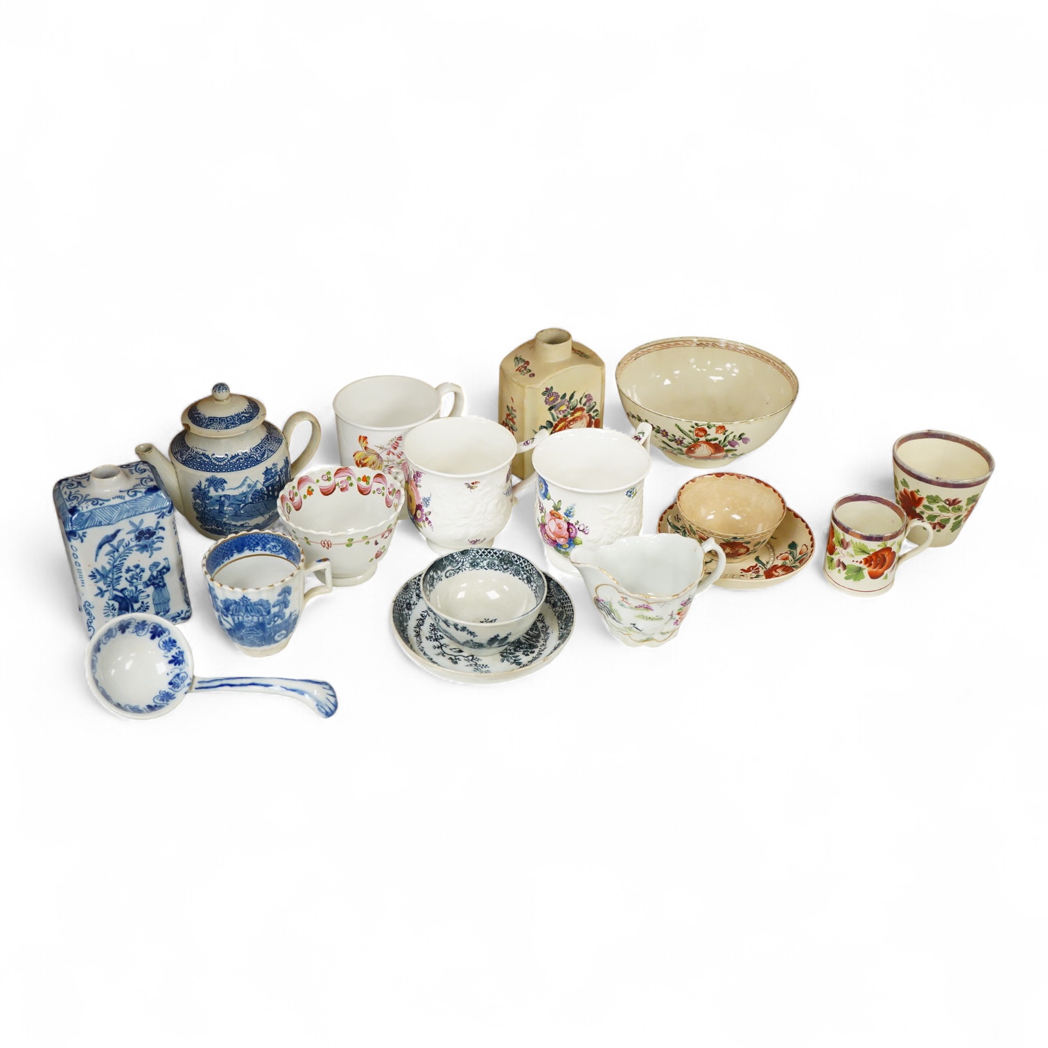 A group of late 18th century cream ware including a tea caddy a slops bowl, a tea bowl and saucer etc. and various 19th-century porcelain and pottery, blue and white tea caddy, 12cm high.